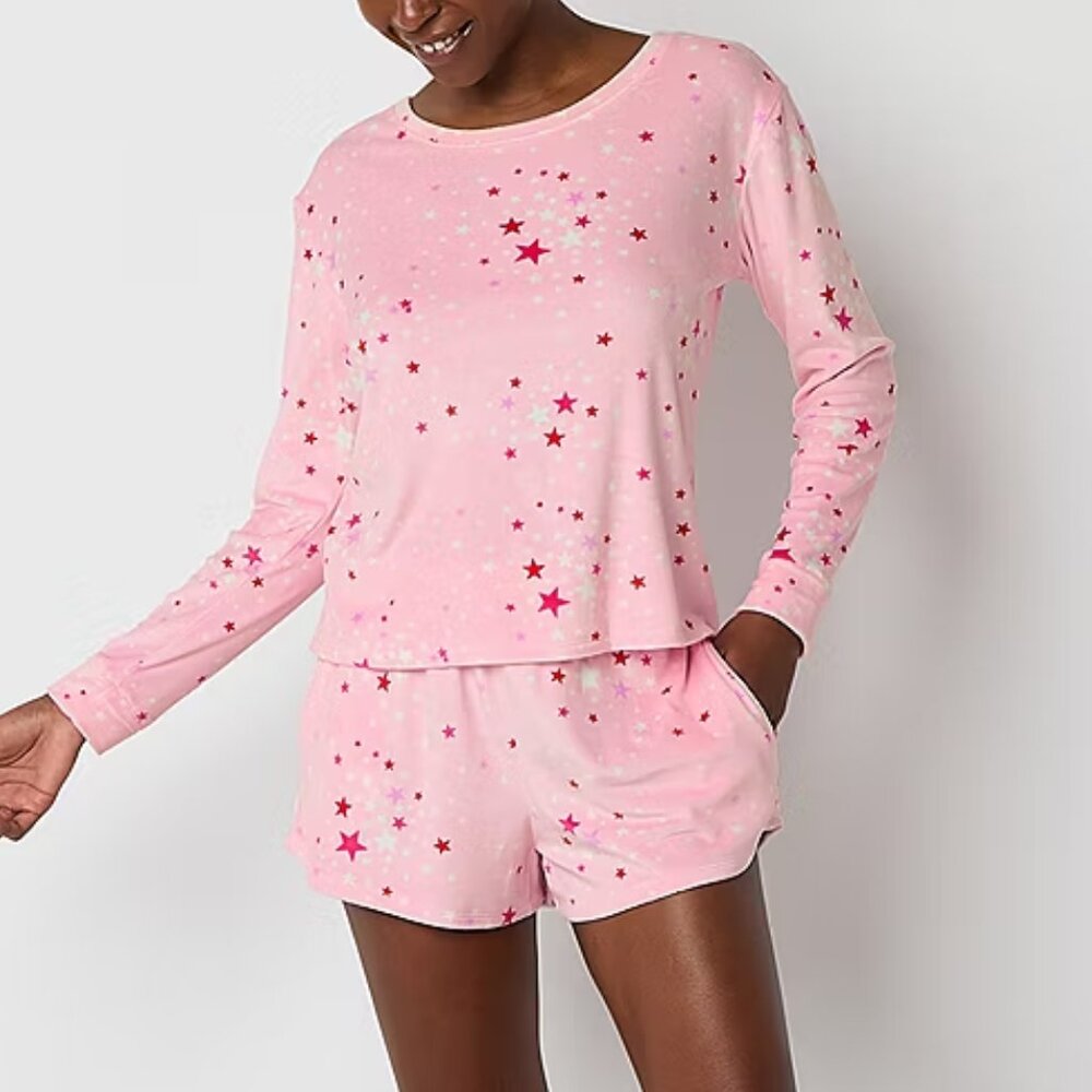 Pajamas Velour LG XL 2 Pc Set - Top Shorts Pink Red Stars Pjs Lounge Sleep New - Picture 1 of 4